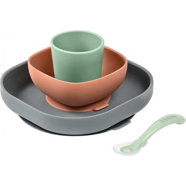 Béaba - Set repas silicone - Vaisselle enfant - 4 pièces - Vert/terre cuite/gris