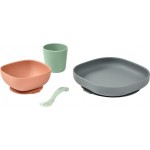 Béaba - Set repas silicone - Vaisselle enfant - 4 pièces - Vert/terre cuite/gris